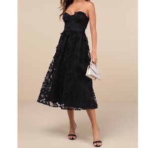 Lulus Quite Perfect Black Strapless Lace Floral Corset Midi Dress Size Small